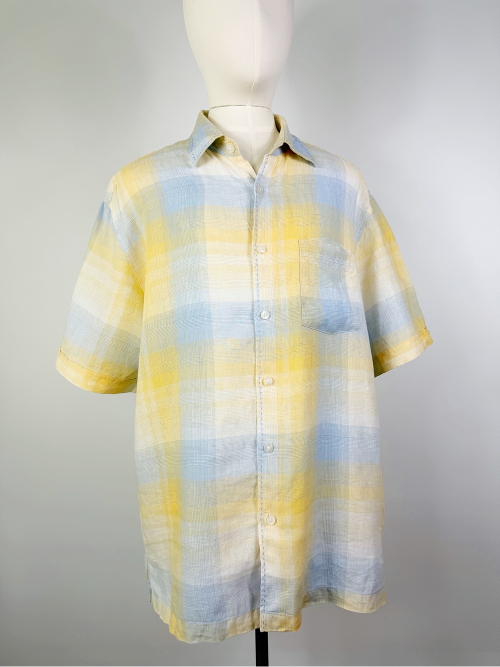Cubavera linen pastel yellow and blue short-sleeve button-front shirt XL